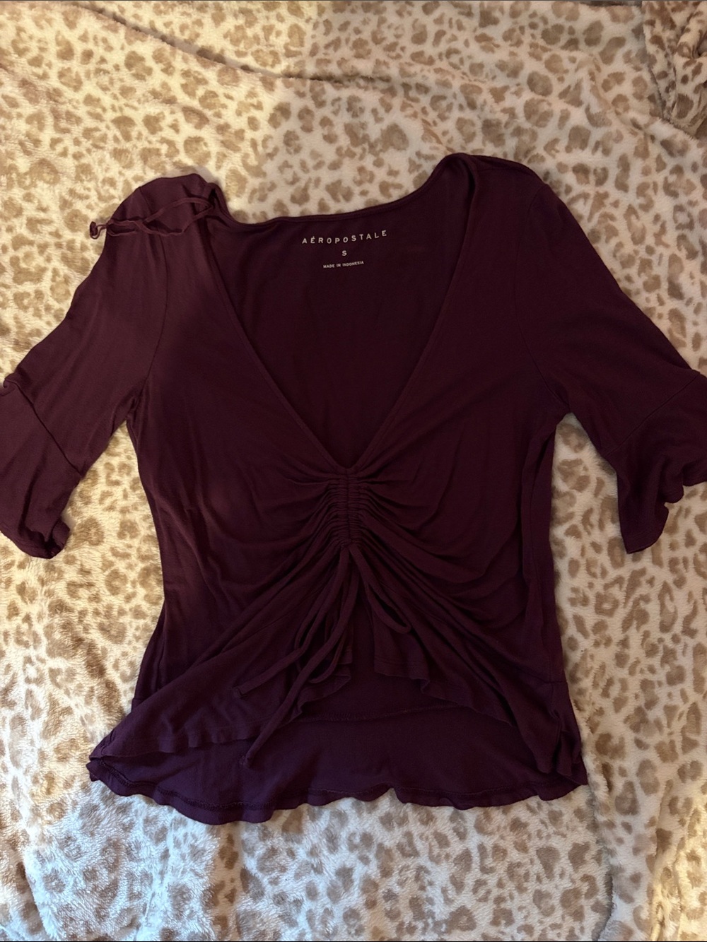 Aeropostale Women's Ruched V-Neck Top - Deep Plum
